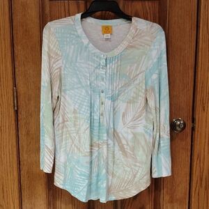 Lovely Ruby Rd. Light Turquoise, Beige &  Green Pleated Henley Long Sleeve Top L